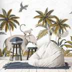 Golden Palm Safari Wallpaper : Elephant and Monkey Mural - View 4