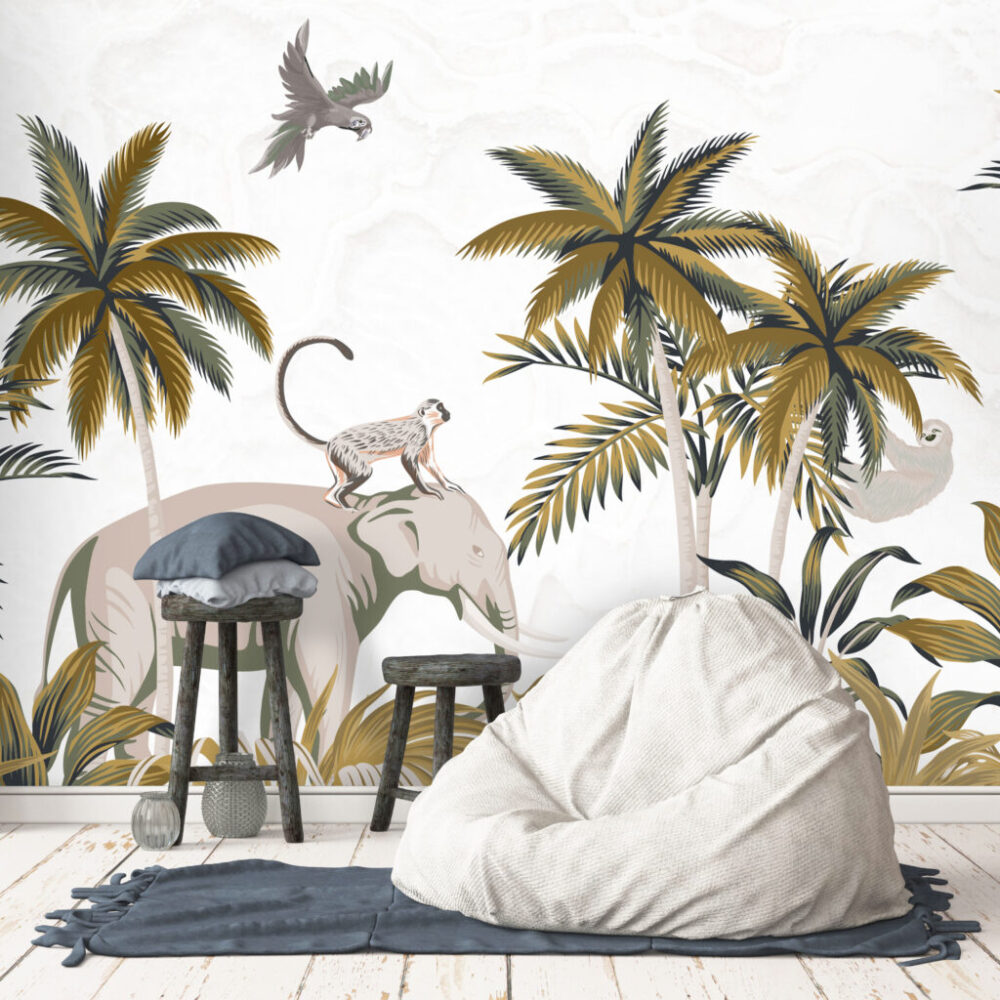 Golden Palm Safari Wallpaper : Elephant and Monkey Mural - View 4