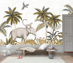 Golden Palm Safari Wallpaper : Elephant and Monkey Mural - View 3