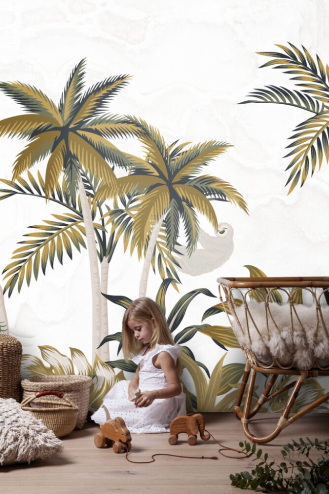 Golden Palm Safari Wallpaper : Elephant and Monkey Mural - View 5
