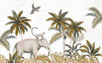 Golden Palm Safari Wallpaper : Elephant and Monkey Mural - flat design