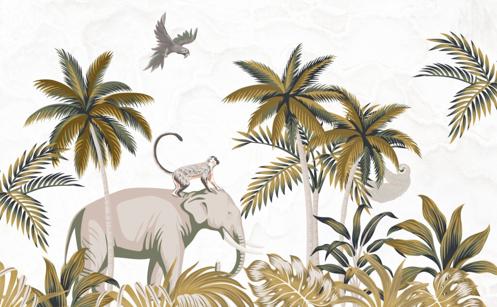 Golden Palm Safari Wallpaper : Elephant and Monkey Mural - flat design