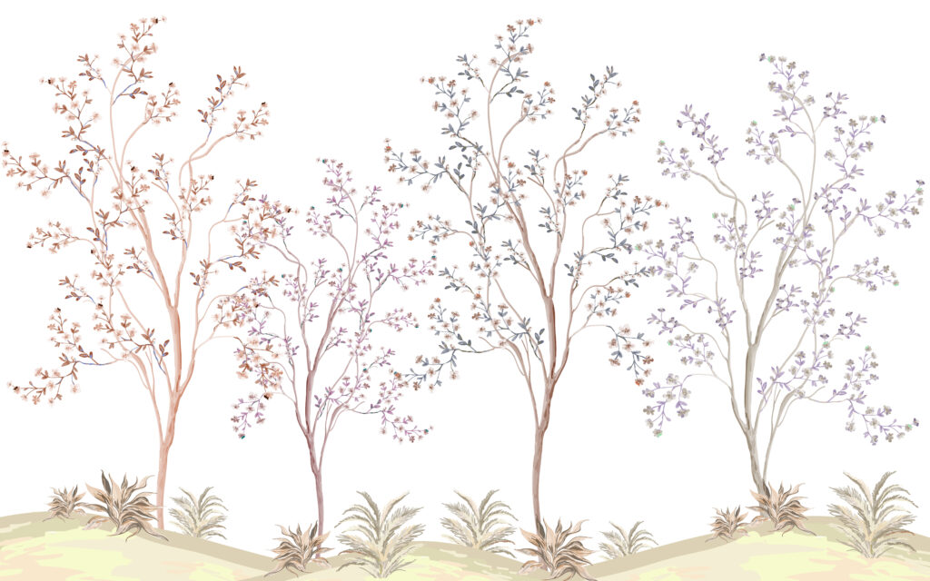 Delicate Tree Wallpaper : Lilac Blossom Sapling Mural - flat design