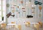 Vintage Travel Map Wallpaper : Cars Planes and Balloons Kids Mural