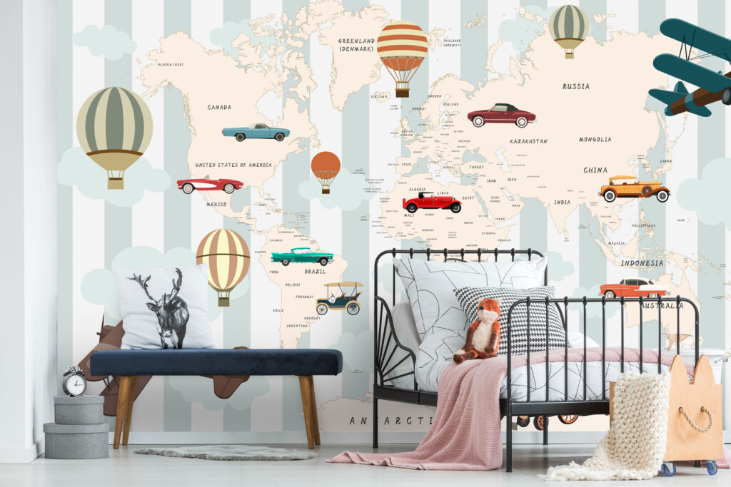 Vintage Travel Map Wallpaper : Cars Planes and Balloons Kids Mural - View 2