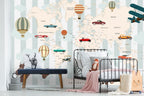 Vintage Travel Map Wallpaper : Cars Planes and Balloons Kids Mural - View 2