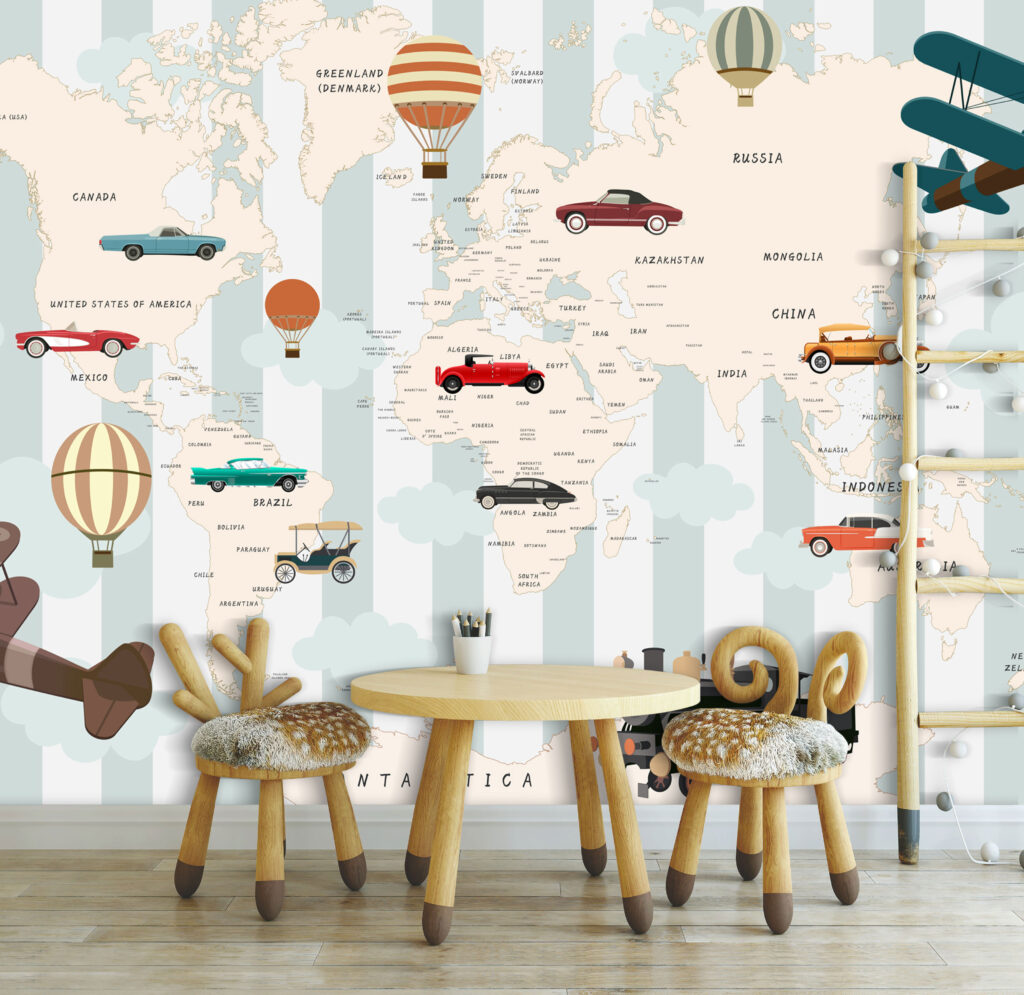 Vintage Travel Map Wallpaper : Cars Planes and Balloons Kids Mural - View 5