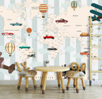 Vintage Travel Map Wallpaper : Cars Planes and Balloons Kids Mural - View 5