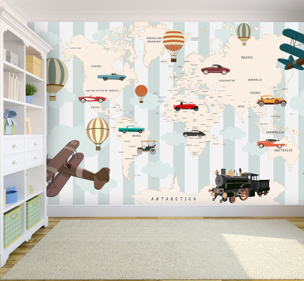 Vintage Travel Map Wallpaper : Cars Planes and Balloons Kids Mural - View 4