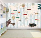 Vintage Travel Map Wallpaper : Cars Planes and Balloons Kids Mural - View 4