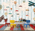 Vintage Travel Map Wallpaper : Cars Planes and Balloons Kids Mural - View 3