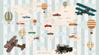 Vintage Travel Map Wallpaper : Cars Planes and Balloons Kids Mural - flat design