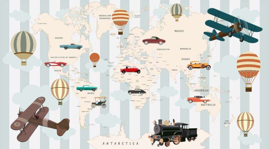 Vintage Travel Map Wallpaper : Cars Planes and Balloons Kids Mural - flat design