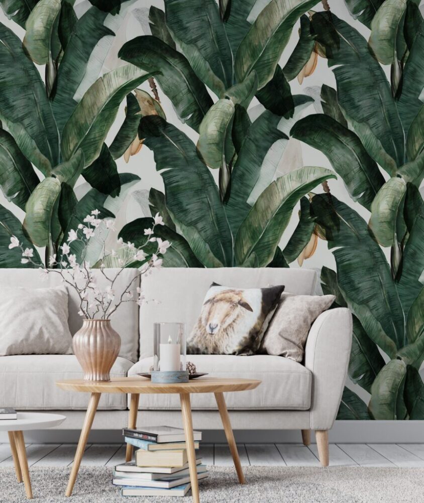 Green Banana Leaf Wallpaper : Painterly Tropical Pattern