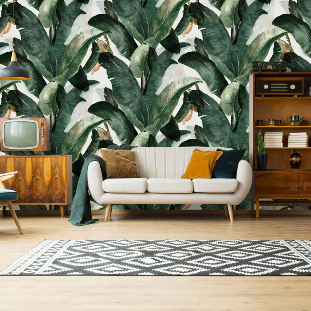 Green Banana Leaf Wallpaper : Painterly Tropical Pattern - View 3