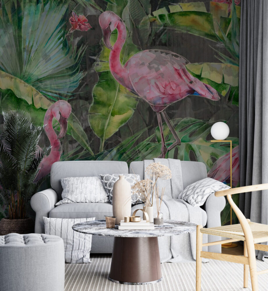 Flamingo Wallpaper : Watercolor Jungle Mural