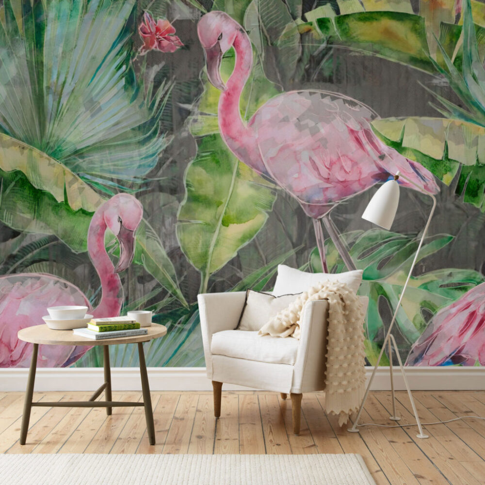 Flamingo Wallpaper : Watercolor Jungle Mural - View 4