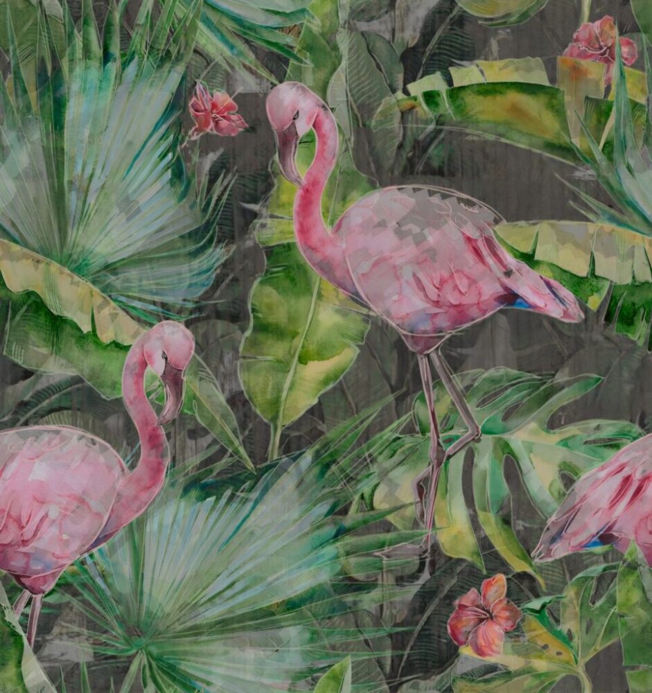 Flamingo Wallpaper : Watercolor Jungle Mural - flat design
