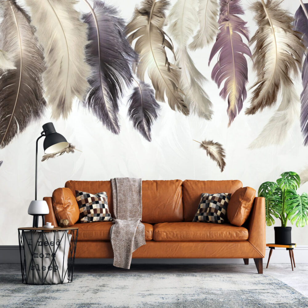 Feather Wallpaper : Soft Grey and Purple Plumes Mural