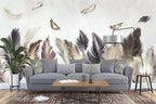Feather Wallpaper : Soft Grey and Purple Plumes Mural - View 2