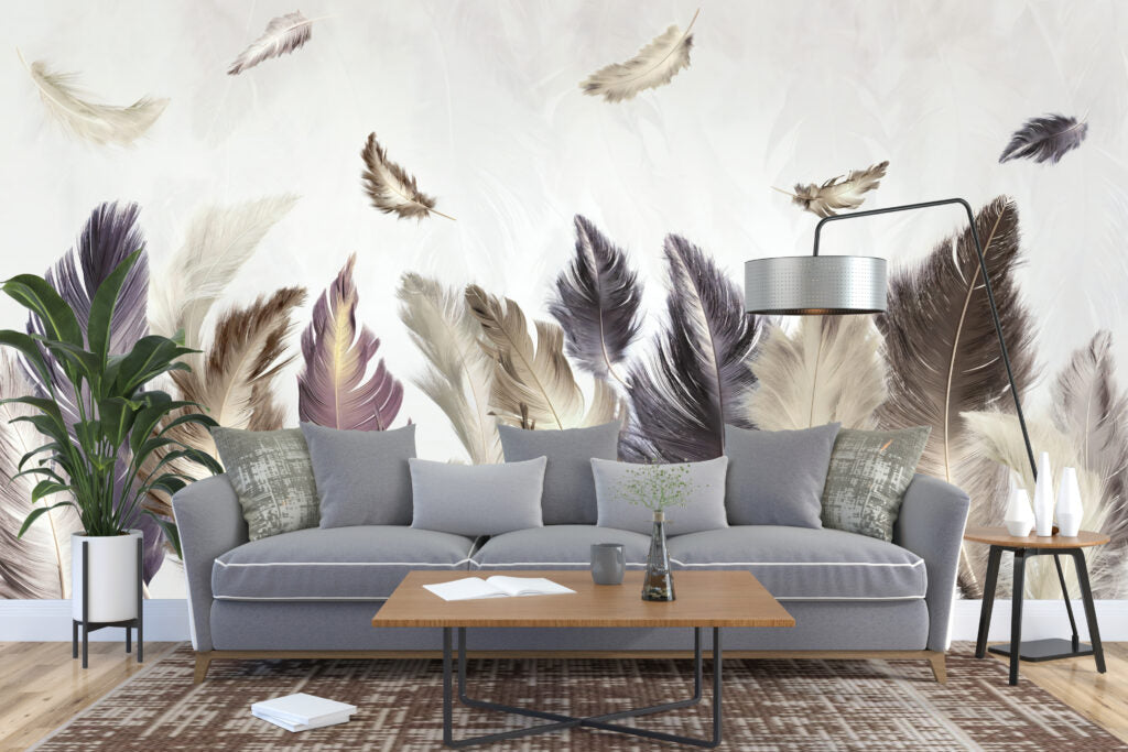 Feather Wallpaper : Soft Grey and Purple Plumes Mural - View 2