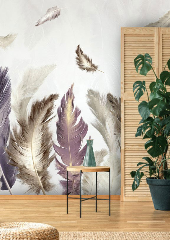 Feather Wallpaper : Soft Grey and Purple Plumes Mural - View 3