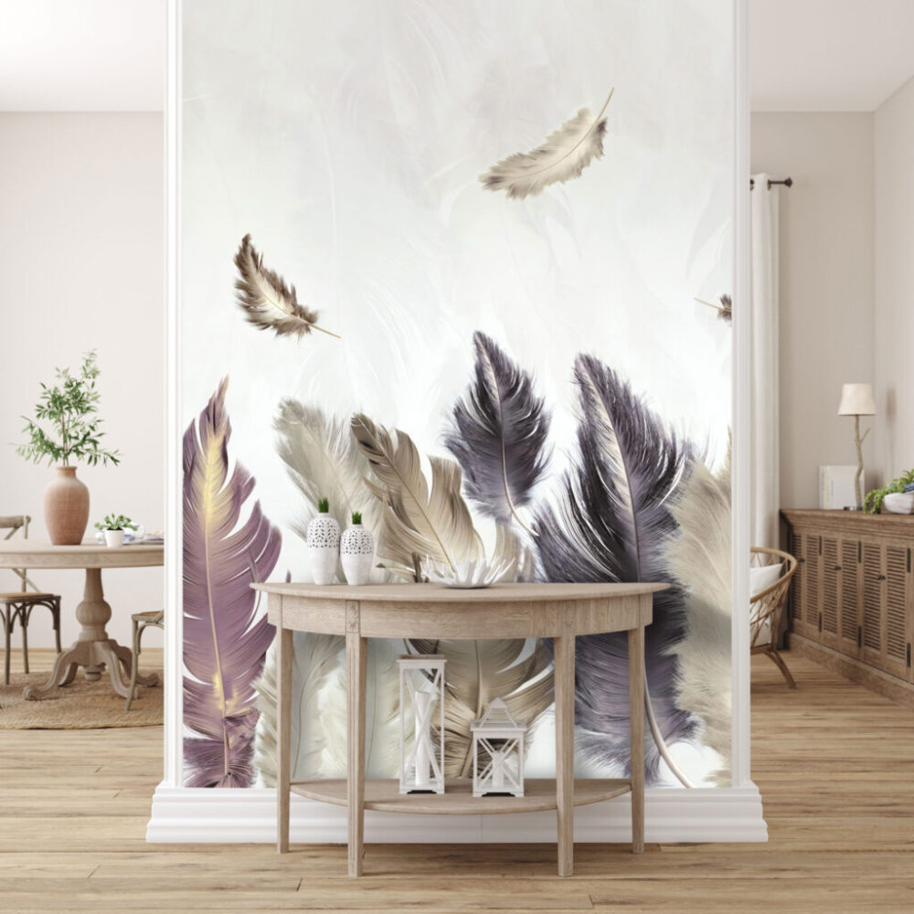 Feather Wallpaper : Soft Grey and Purple Plumes Mural - View 5