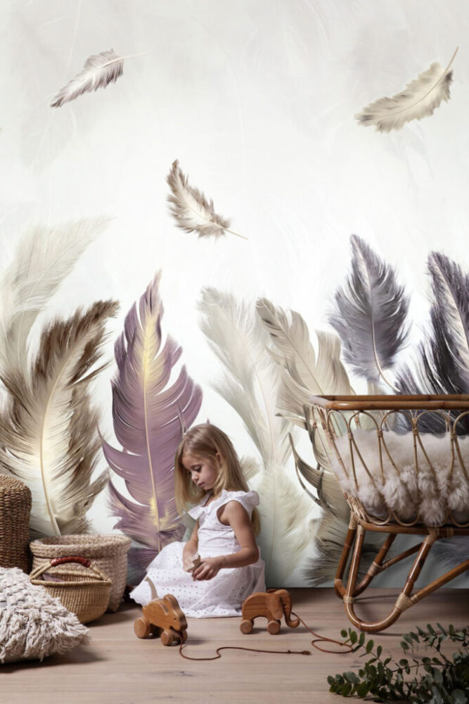 Feather Wallpaper : Soft Grey and Purple Plumes Mural - View 4