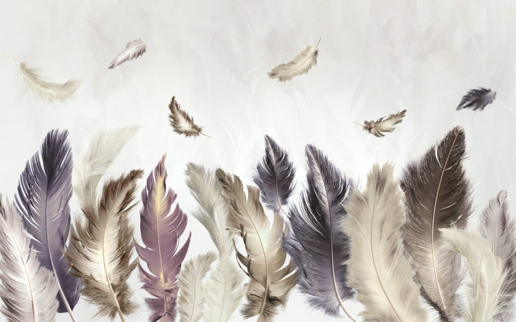 Feather Wallpaper : Soft Grey and Purple Plumes Mural - flat design