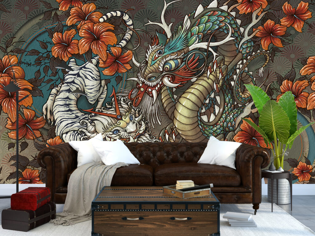 Tiger and Dragon Wallpaper : Asian Tattoo Art Mural