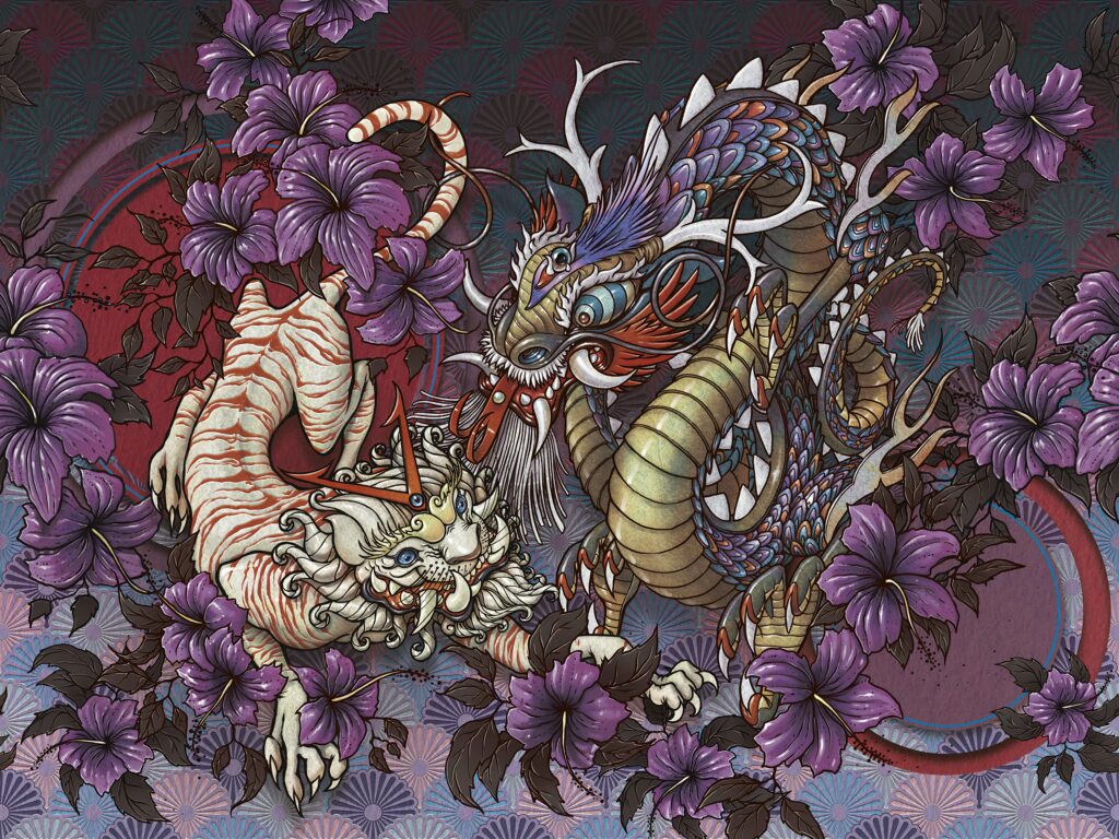 Tiger and Dragon Wallpaper : Asian Tattoo Art Mural - View 3