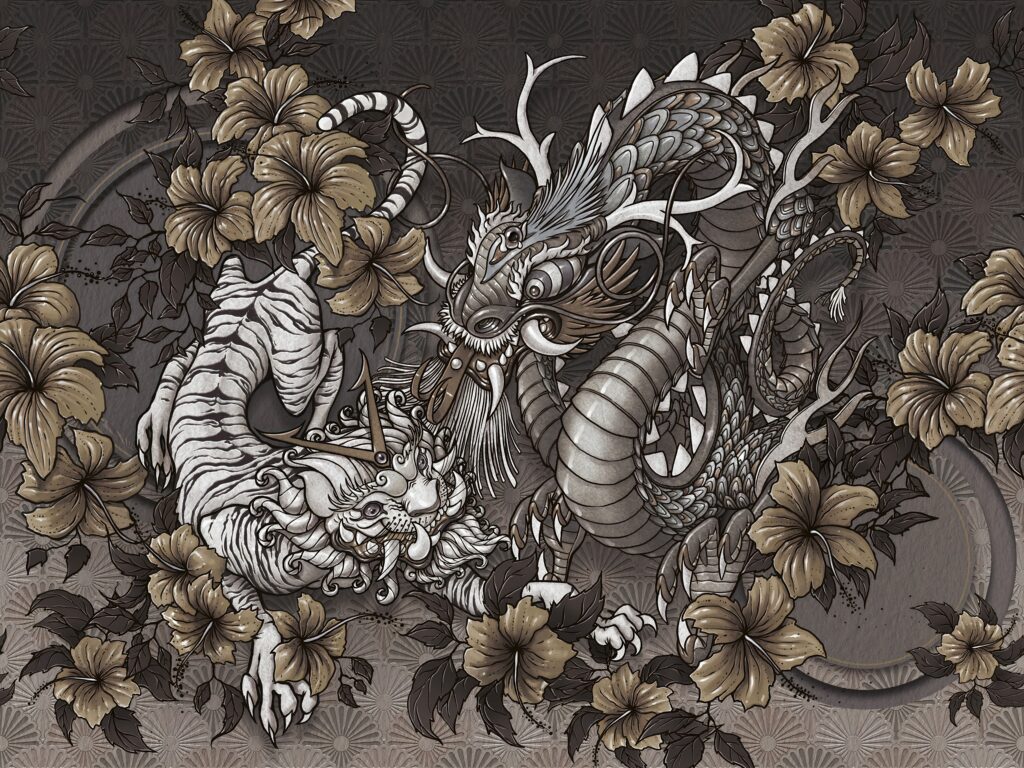 Tiger and Dragon Wallpaper : Asian Tattoo Art Mural - View 5