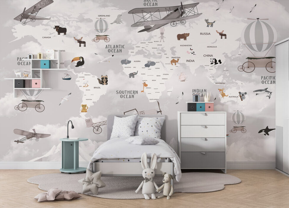Adventure Map Wallpaper : Mountains and Animals Kids Mural