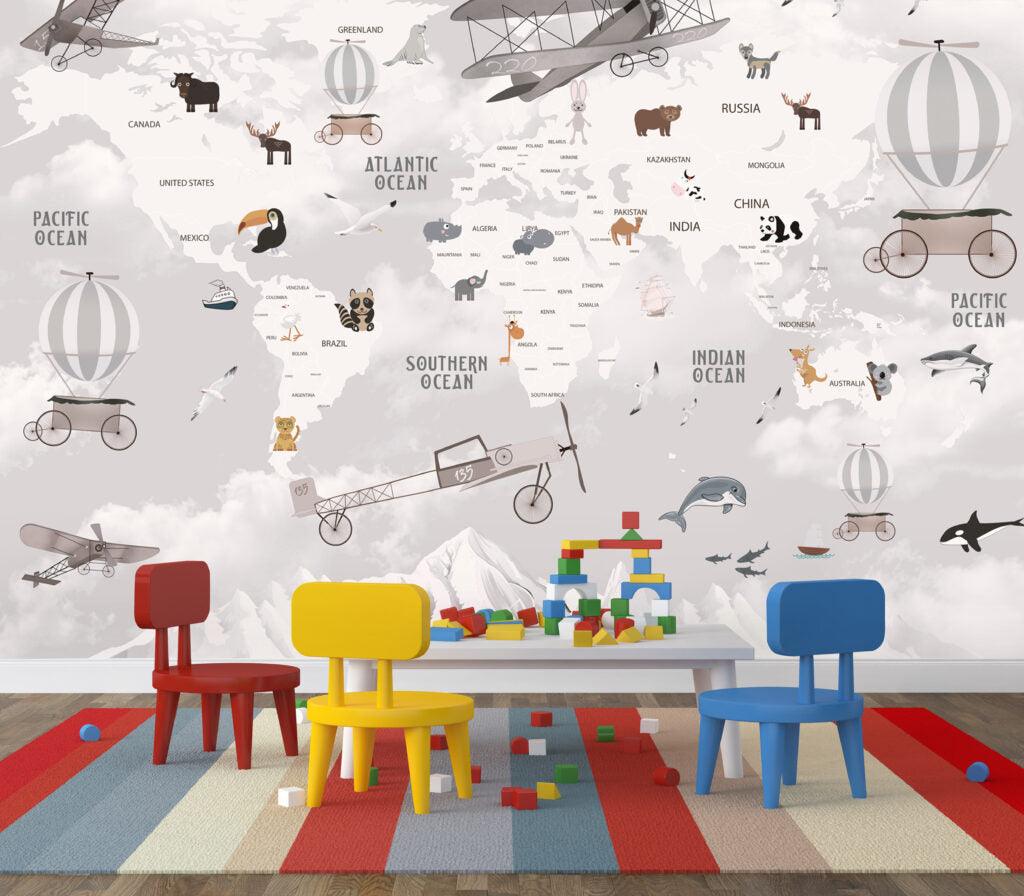 Adventure Map Wallpaper : Mountains and Animals Kids Mural - View 3