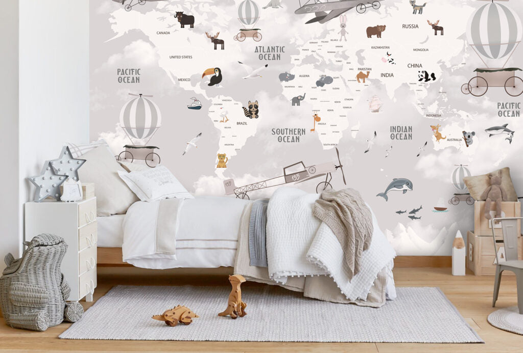 Adventure Map Wallpaper : Mountains and Animals Kids Mural - View 2