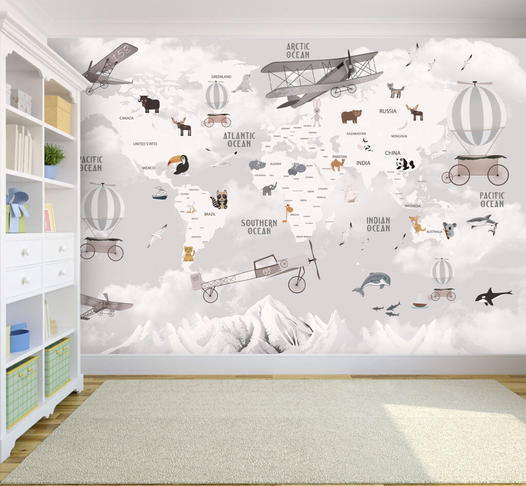 Adventure Map Wallpaper : Mountains and Animals Kids Mural - View 4