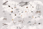 Adventure Map Wallpaper : Mountains and Animals Kids Mural - flat design