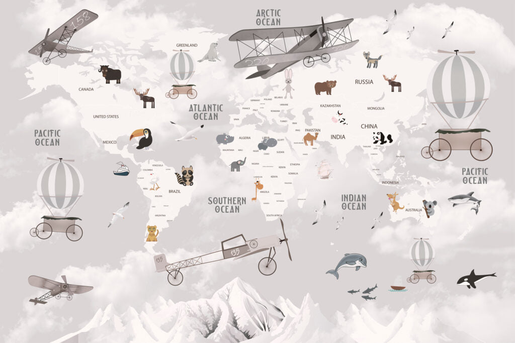 Adventure Map Wallpaper : Mountains and Animals Kids Mural - flat design