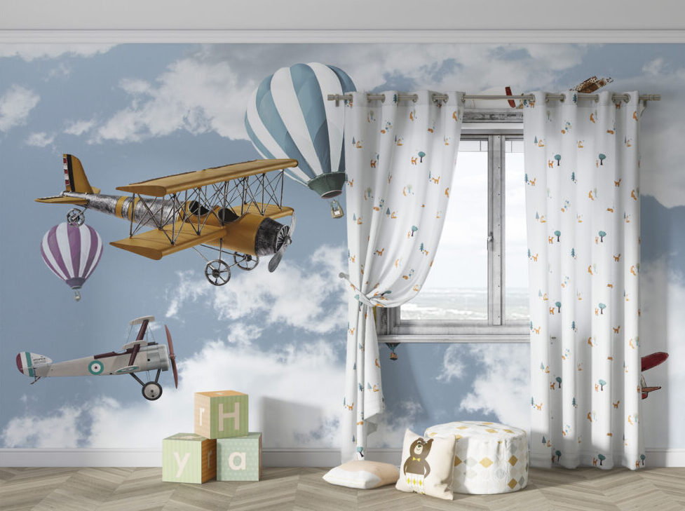 Vintage Airplane Wallpaper : Biplanes and Balloons in Clouds Mural