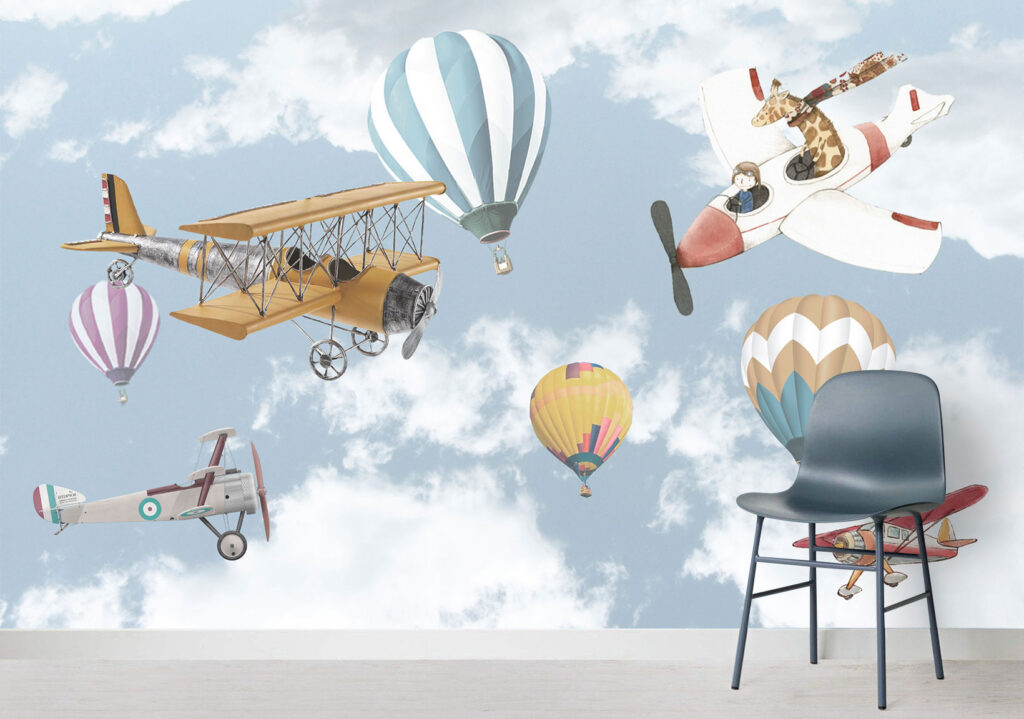 Vintage Airplane Wallpaper : Biplanes and Balloons in Clouds Mural - View 5