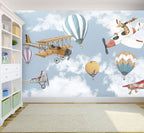 Vintage Airplane Wallpaper : Biplanes and Balloons in Clouds Mural - View 4