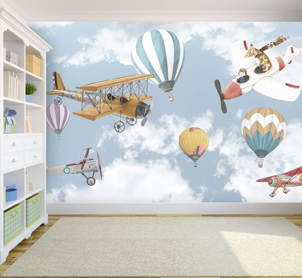 Vintage Airplane Wallpaper : Biplanes and Balloons in Clouds Mural - View 4