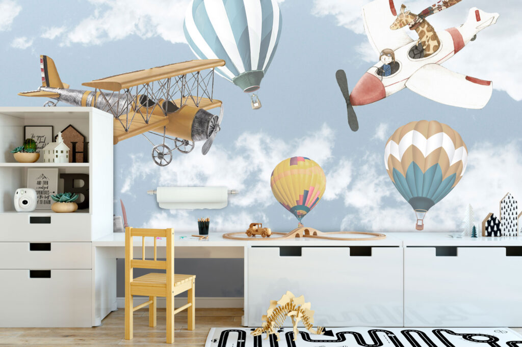 Vintage Airplane Wallpaper : Biplanes and Balloons in Clouds Mural - View 3