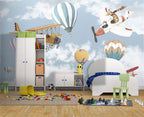 Vintage Airplane Wallpaper : Biplanes and Balloons in Clouds Mural - View 2
