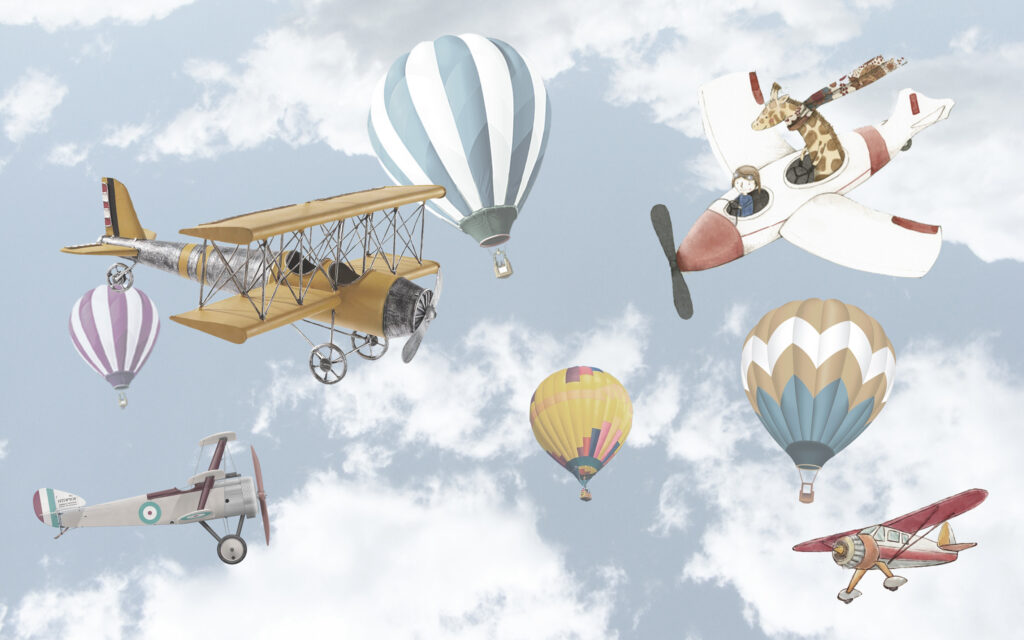Vintage Airplane Wallpaper : Biplanes and Balloons in Clouds Mural - flat design