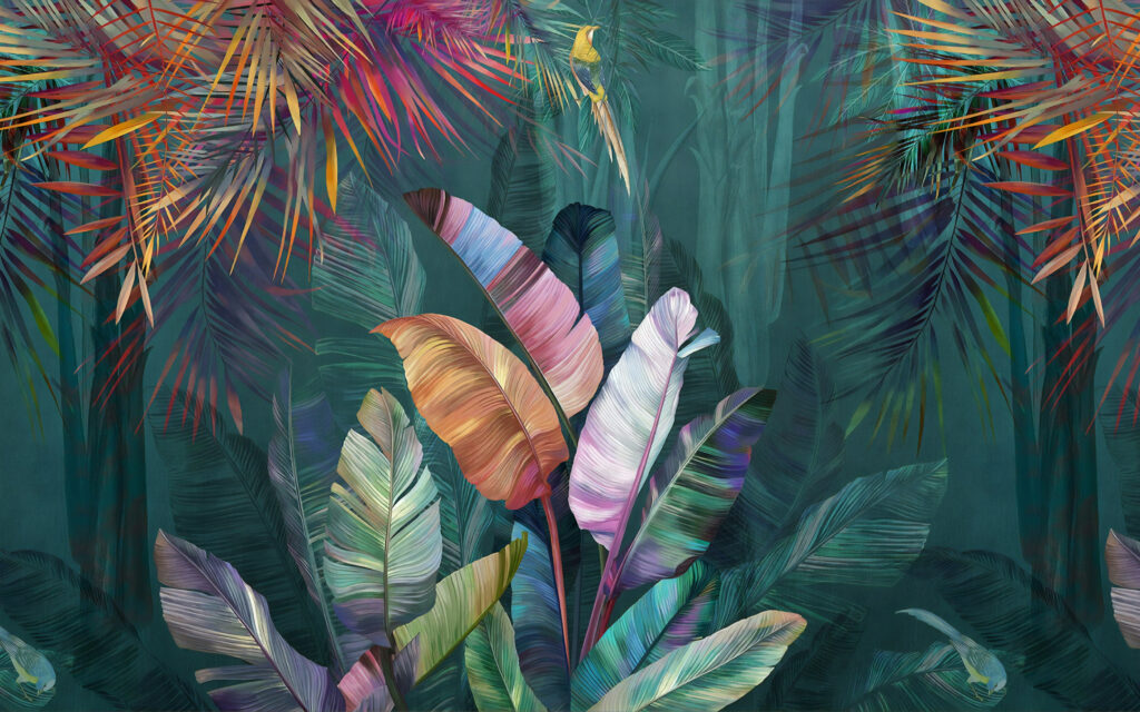 Colorful Tropical Wallpaper : Painted Banana Leaves Mural - flat design