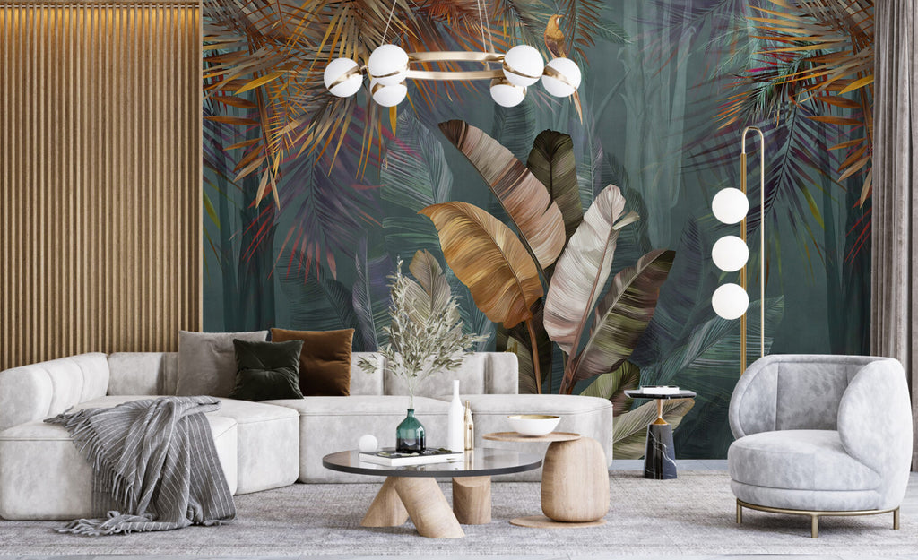 Gold Banana Leaf Wallpaper : Teal And Bronze Tropical Mural - View 3