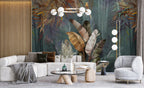 Gold Banana Leaf Wallpaper : Teal And Bronze Tropical Mural - View 3