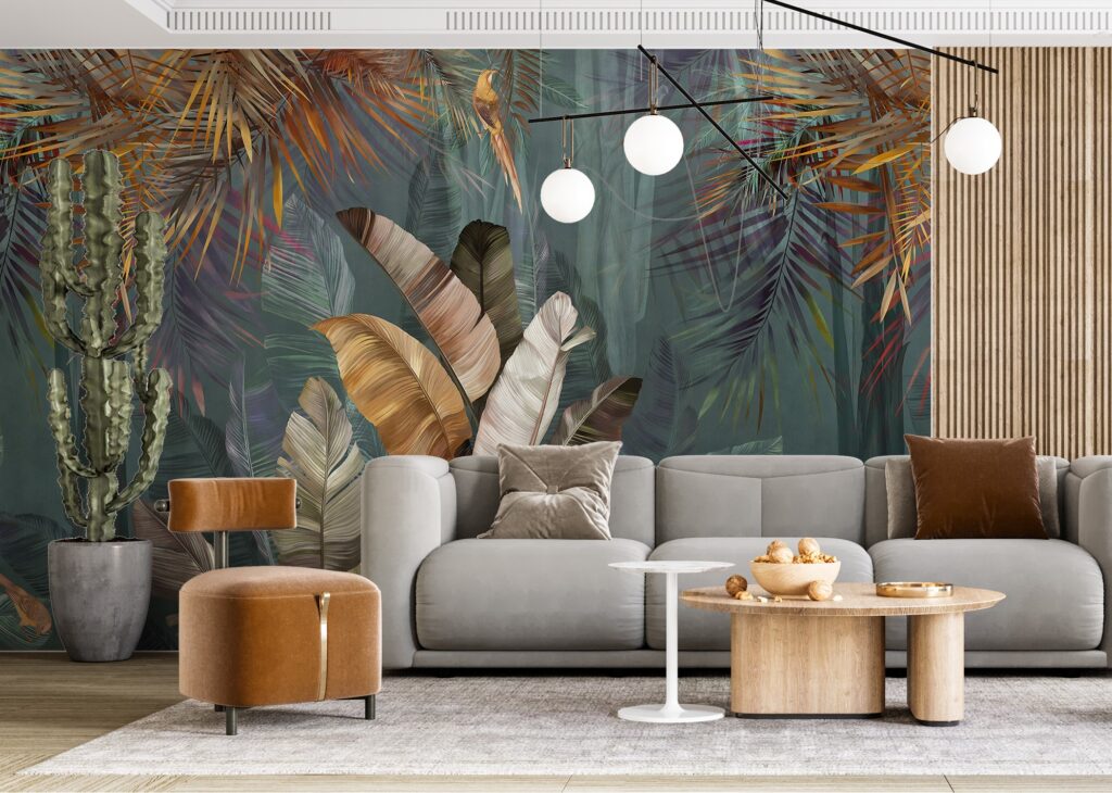 Colorful Tropical Wallpaper : Painted Banana Leaves Mural - View 2
