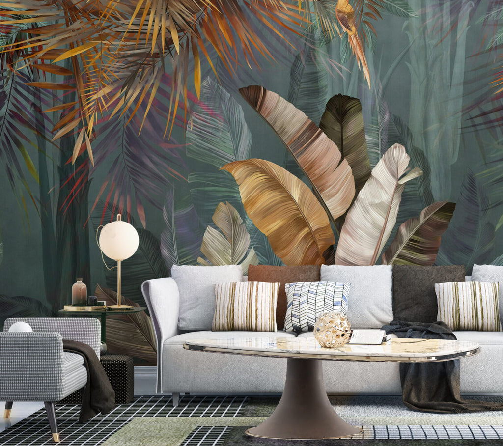 Gold Banana Leaf Wallpaper : Teal And Bronze Tropical Mural - View 4